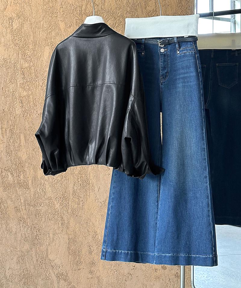 Orange Zhi Early Autumn Stand-Up Collar Leather Motorcycle Jacket 39116