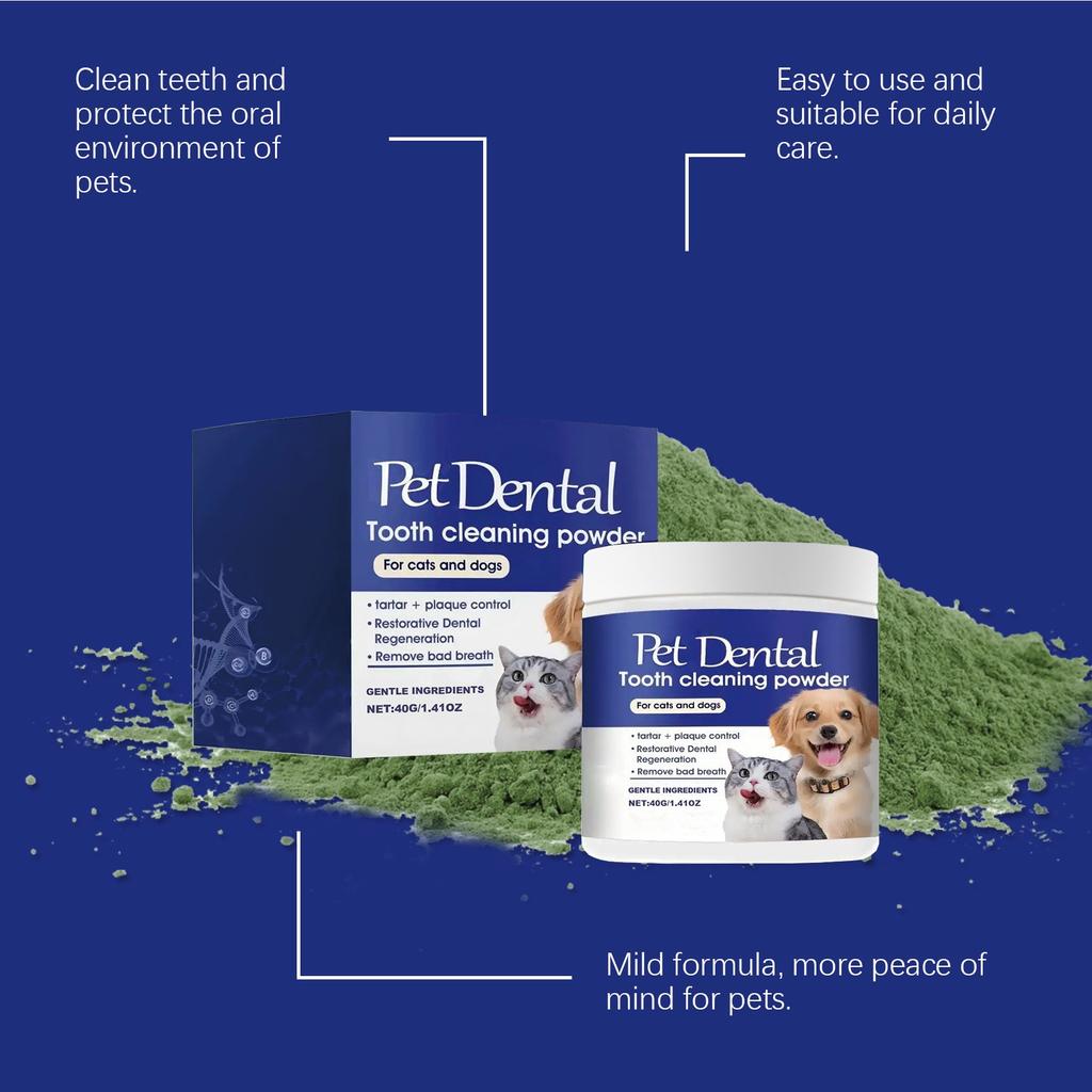 Rensepulver for kjæledyrtann, tartar, løser plakkproblemer, dårlig ånde og lindrer tannfølsomhet