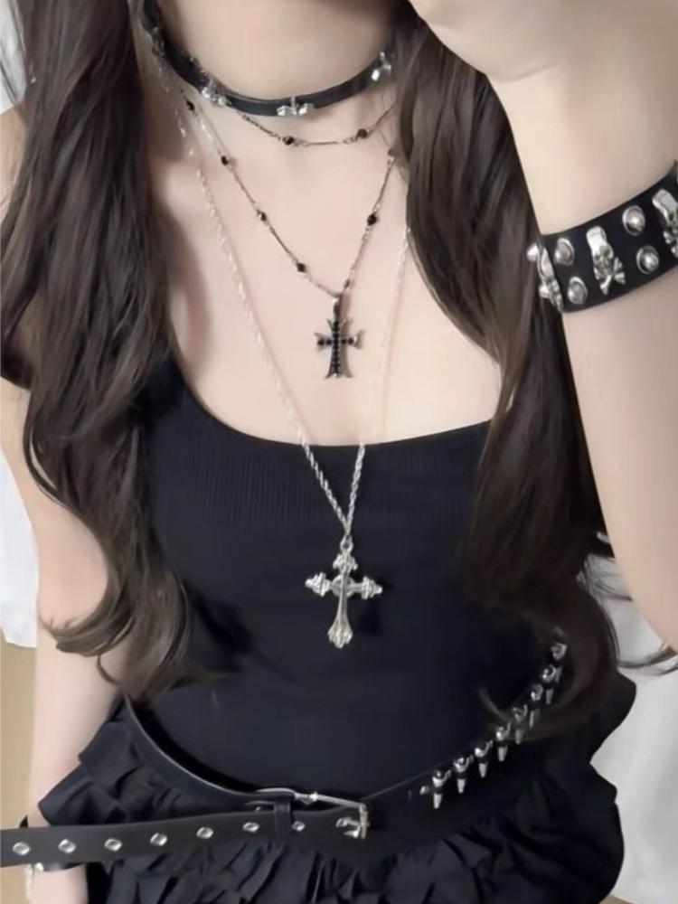 2/1Pcs Spicy Girls Gothic Lolita Cross Pendant Necklace Punk Women Sweet Cool Double Layer Beaded Chain Jewelry Accessories
