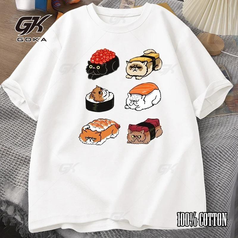 

Kawaii Cute Cat Sushi T-shirt Women s Y2k Summer Casual Short Sleeved Cute Daily T-shirt Cartoon Printed Women s Clothing 4XL