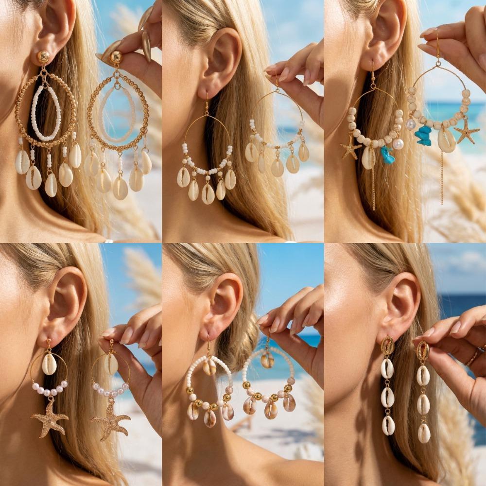 Bohemia Fashion Dopamine Sea Star Shell Pearl Beaded Circular Dangle Earrings for Women Summer Beach Vacation Style Jewelry Gift