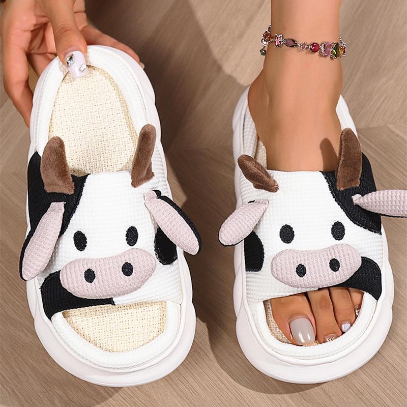 Fashion Lovely Cow Linen Slippers for Women Spring Autumn Open Toe Platform Linen Slides Woman Soft Non Slip House Slippers Female