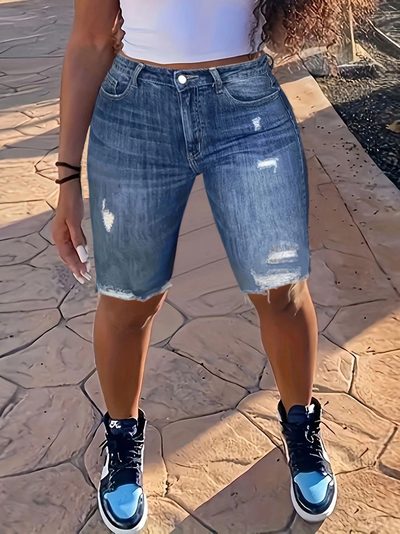 European & American Women s Slim-Fit Ripped Denim Shorts S