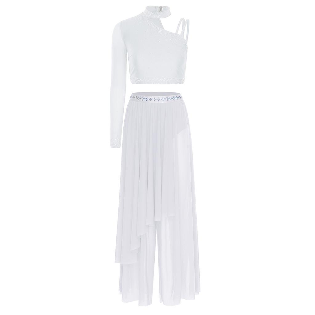 Completo Lirico da Donna con Strass Crop Top Asimmetrico a Manica Lunga Pantaloni Larghi Irregolari Sovrapposti