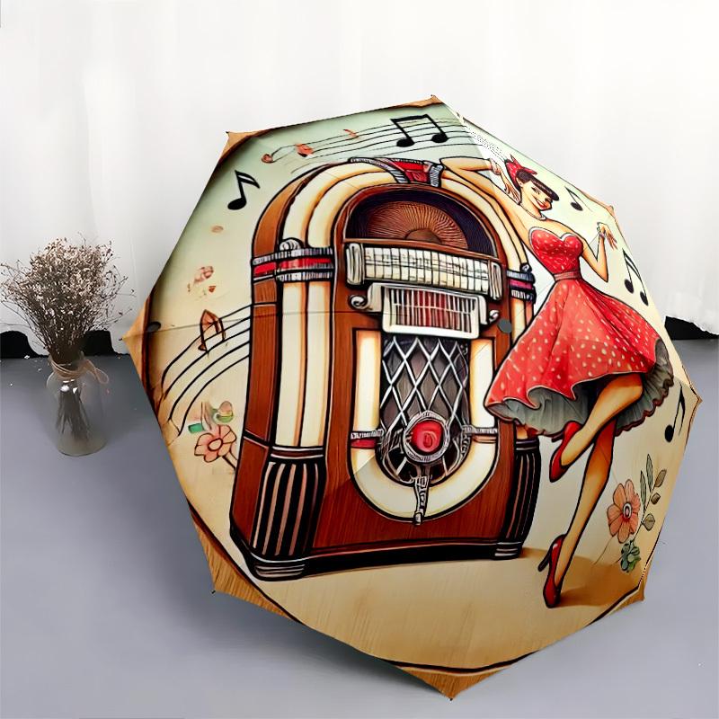 Portable Folding Umbrella with a Retro Jukebox Pin-Up Girl Design,Featuring a Sturdy Iron Frame And an 8-Rib Structure,Perfect for All Seaso
