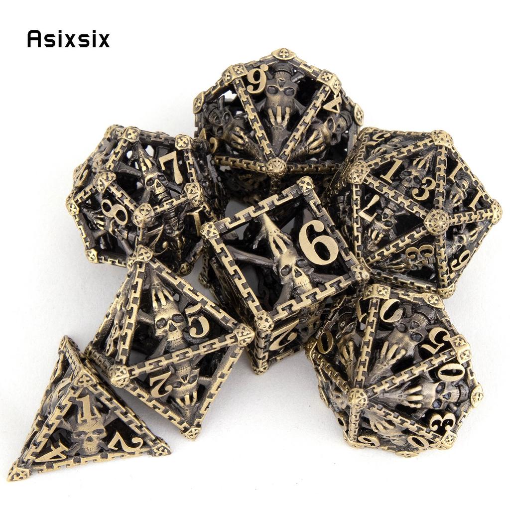 7 Pcs Copper Hand Skull Head Metal Dice Hollow Metal Polyhedral Dice Set Suitable for Role-Playing RPG  Board Game Card Game