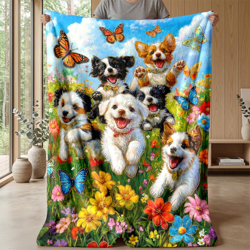 Puppies in Spring Blossoms Theme blanket Lightweight Warm Flannel Blanket Decorative Throw Blanket for Home Decoration