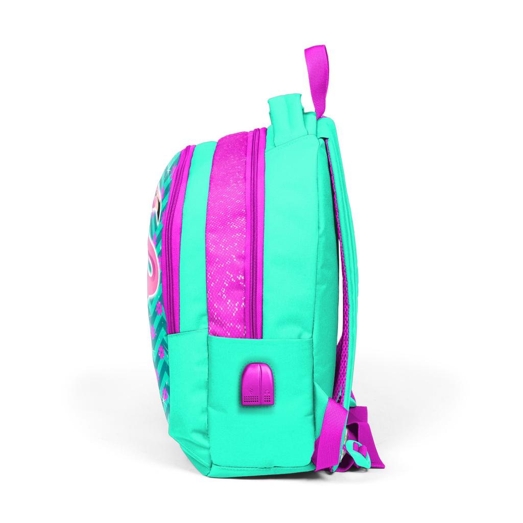 Coral High Kids Water Green Pink Glittery Flamingo Patterned Three Compartment USB School Backpack 23411