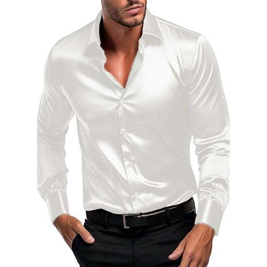 

Fall Spring Men Shirt Button-down Turn-down Collar Cardigan Long Sleeves Satin Slim Fit Mid Length Casual Daily Wear Office Business Top M белый