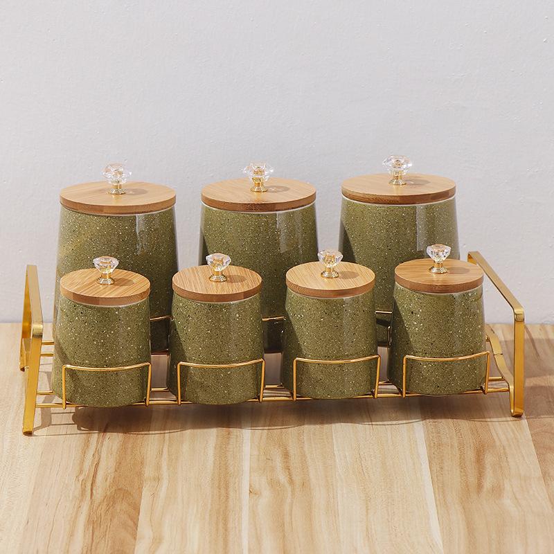 Crystal Handle Wooden Cover Ceramic Airtight Jar Kitchenware Food Container Storage Tank Whole Grains Storage Box Home Organizer