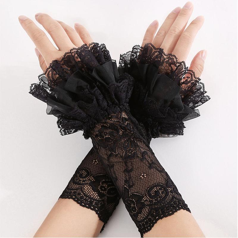 Elastic Fingerless Gloves Muti-Layer Lace Long Arm Fake Sleeves Sweater Decorative Horn Cuffs Girls Clothing Accessories