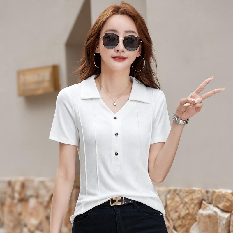 The Lapel Button Slimming Figure-hugging Elastic Half-sleeved T-shirt Is Fashionable Versatile and Elegant