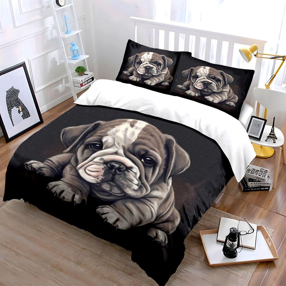 Adorable Bulldog Puppy Print Bedding Duvet Cover Set (1*Duvet Cover 2*Pillowcases, without duvet insert)