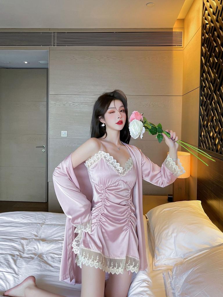 Pajamas Women's Summer Ice Silk Nightgown Two-piece Set High-end New Pure Desire Sexy Loungewear Spring and Autumn