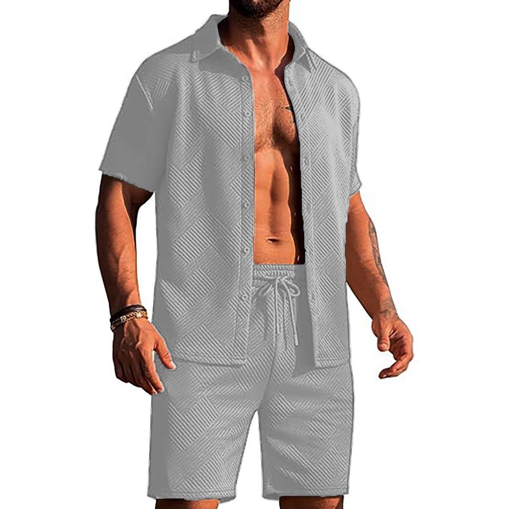 Gestrickter Pullover Sommer lässig Sport Textur Strand kurzärmelig Schnalle und Shorts Set