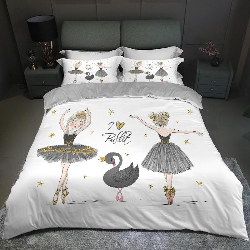 Modern Lovely Princess Kids Bedding Set Twin Size Microfiber Cartoon Unicorn Swan Ballet Girl Print Duvet Cover With Pillowcases