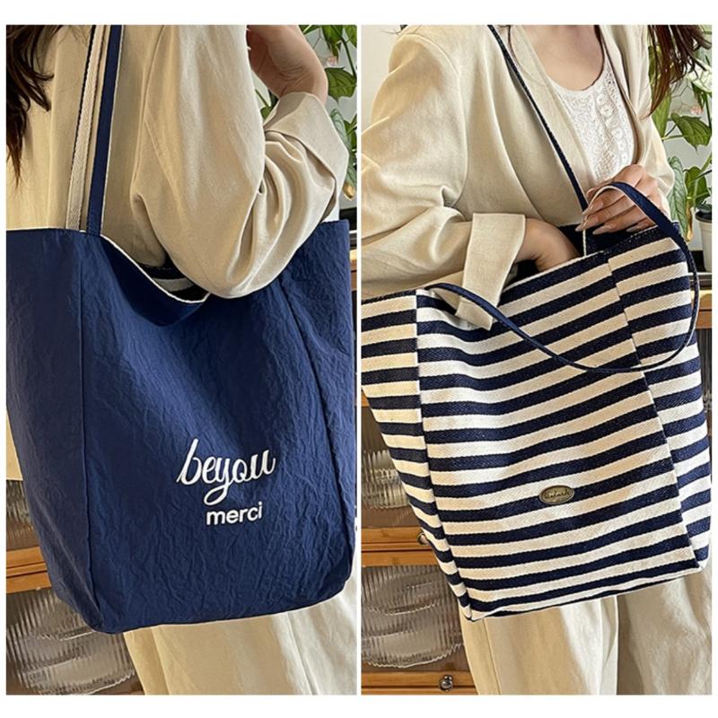 Fashion Striped Double-Sided Use Canvas Women's Shoulder Bags Casual High Capacity Ladies Handbags Summer New Beach Travel Slack Lazy Large Tote Bag