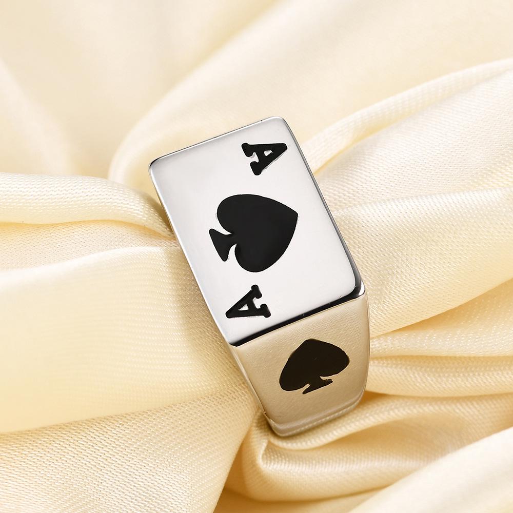 Trendy European & American Ace of Spades Titanium Steel Ring - 13MM Poker Card Fashion Band Size 9