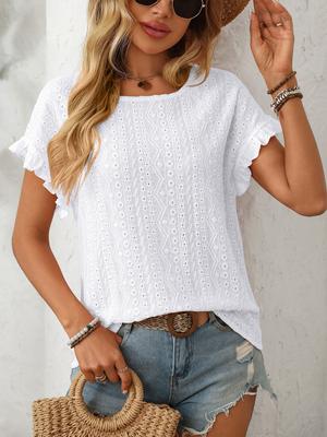 Women's Solid Color Round Neck Cute Short Sleeve T-Shirt with Lace-Up Cut-Out Design, Sweet Summer Casual Stretchy Cropped Top for Daily Wear