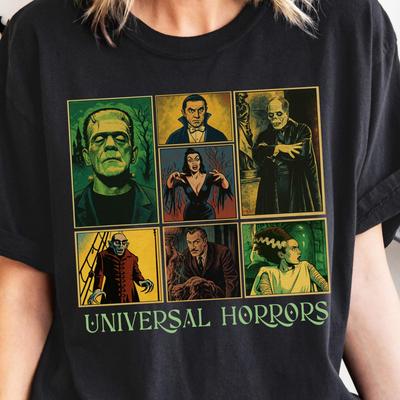Horror Movie Shirt, Universal Characters Classic Haunted Hollywood Gothic Monsters Halloween Shirt, Spooky Season Frankenstein Dracula Style