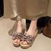 Thick-bottomed wedge slippers women's 2025 summer new muffin bow high-heeled small man one-word drag going out sandals