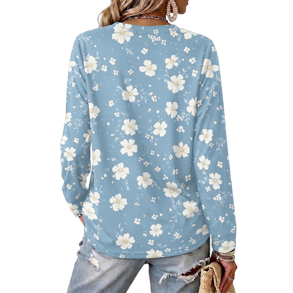 Women's V-Neck Long Sleeve Print Lightweight Blouse for Spring and Summer