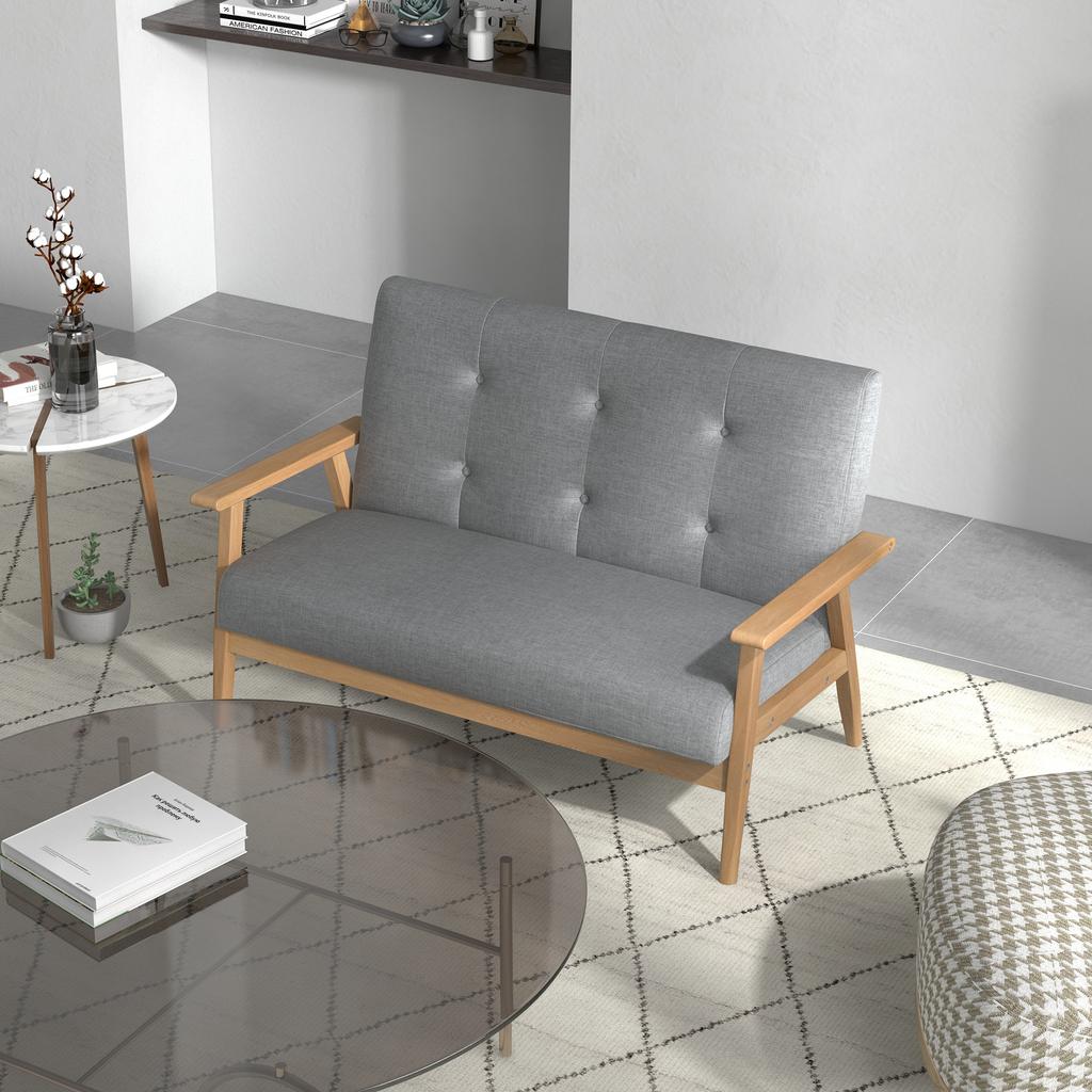 2 Seater Sofa Modern Linen Fabric Upholstery Tufted Couch with Rubberwood Legs for Living Room and Kitchen, Dark Grey