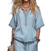Conjunto de Algodón y Lino para Mujer, Verano, Cuello en V, Corte Holgado y Cintura Elástica, Pantalones Palazzo de 2 Piezas, Conjunto Casual Cómodo de Top y Pantalones de Pierna Ancha para el Hogar
