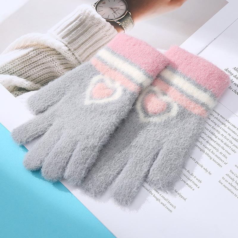 Neue Liebe Gestreiftes Mädchen Warme Handschuhe Winter Kältefest und Verdickt Kinder Gestrickt Fahrrad Spielen Schnee Schreiben Fünf Finger