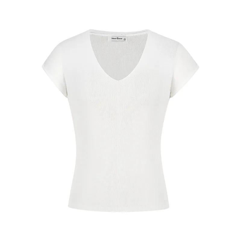 Women's V-Neck Knit Top Ribbed Fabric with Cap Sleeves Slim Fit