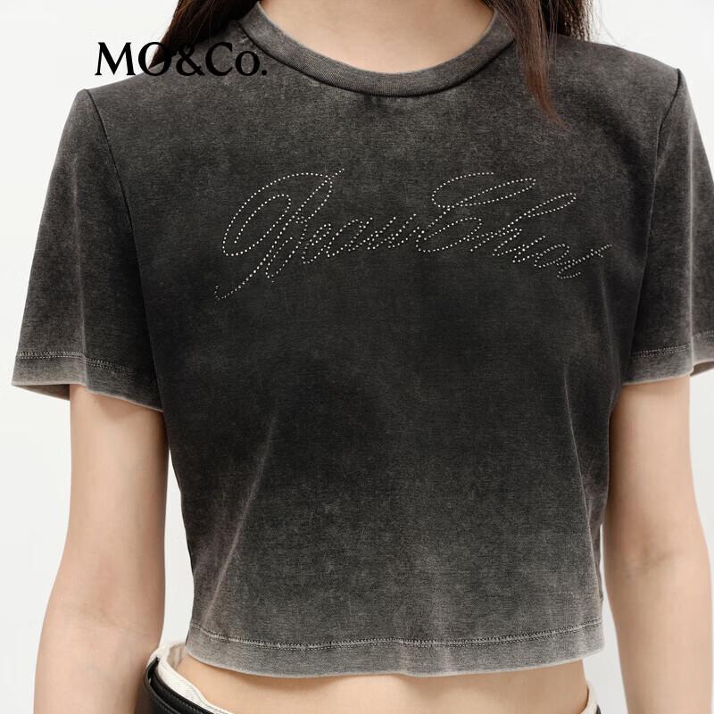 MO&Co. Washed Distressed Cotton Rhinestone Short Sleeve T-Shirt