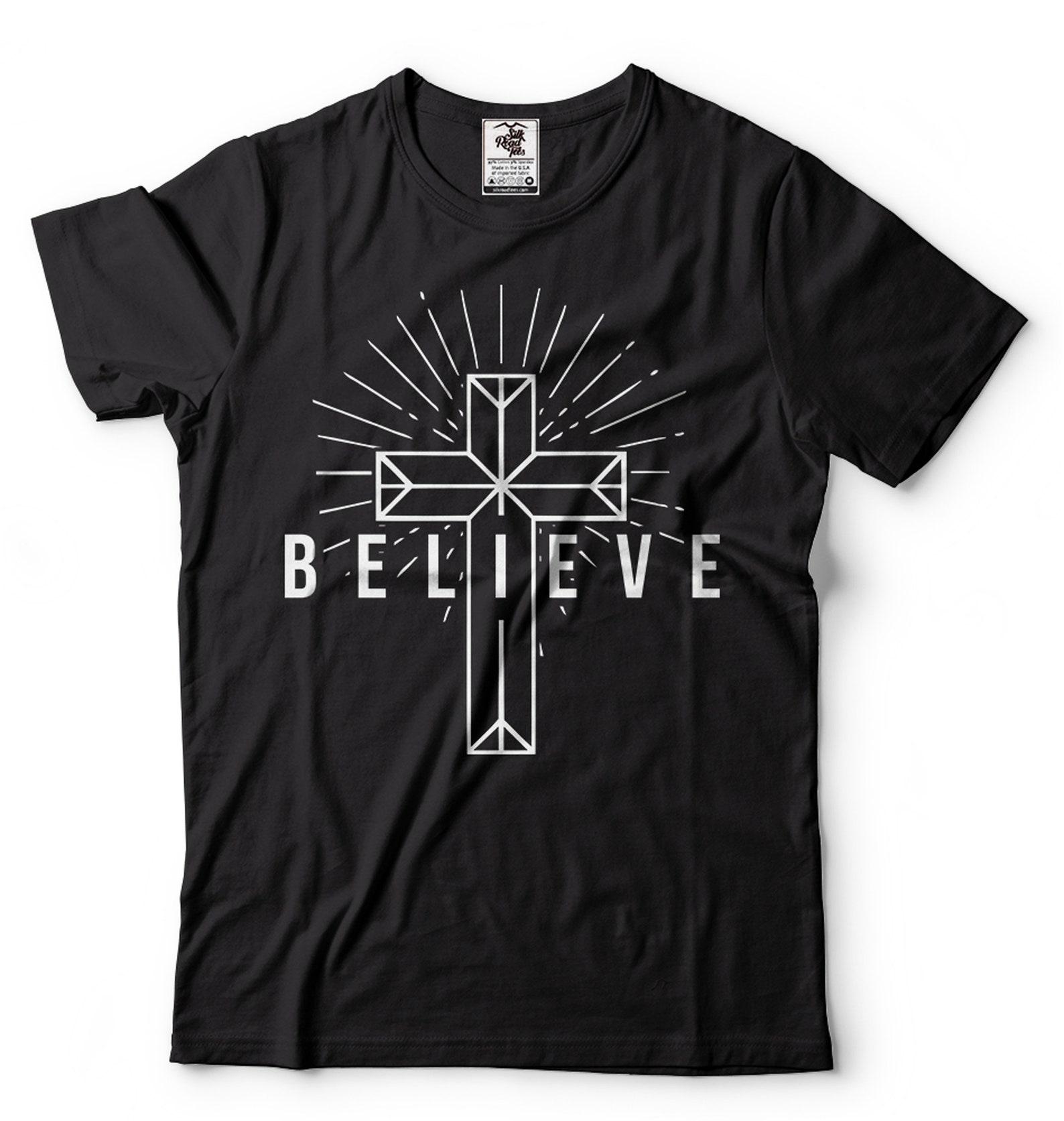 Believe Cross T-Shirt: Christian Faith Tee - Religious Gift L