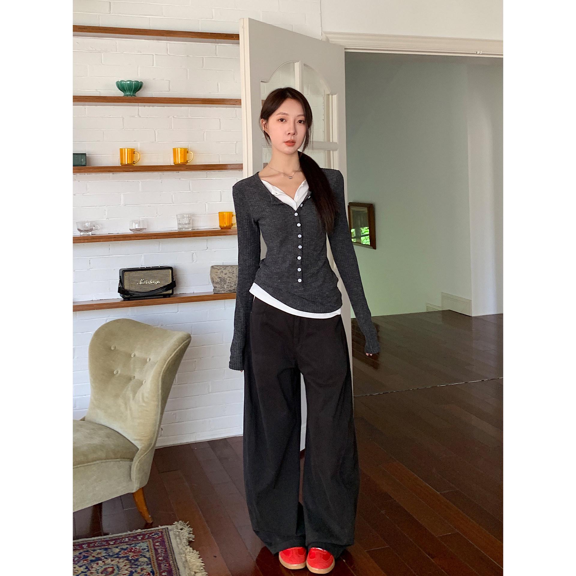 

Versatile King: Spring/Autumn Simple Slimming Curved-Leg White Wide-Leg Loose Pants Large