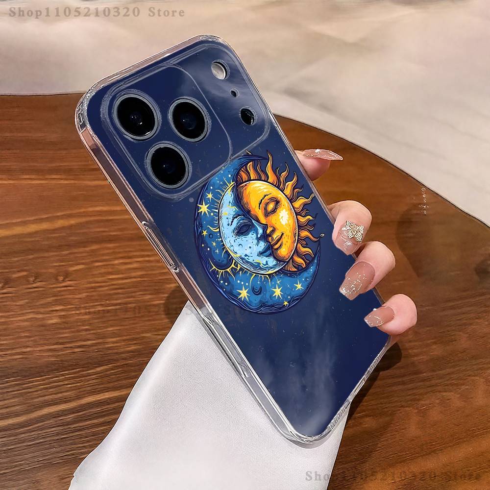 Aesthetic Print Sun Moon Phone Case For iPhone 17,16,15,14,13,12,11 Pro,Max,Plus,XR,Mini,E Clear Full-coverage Soft Cover