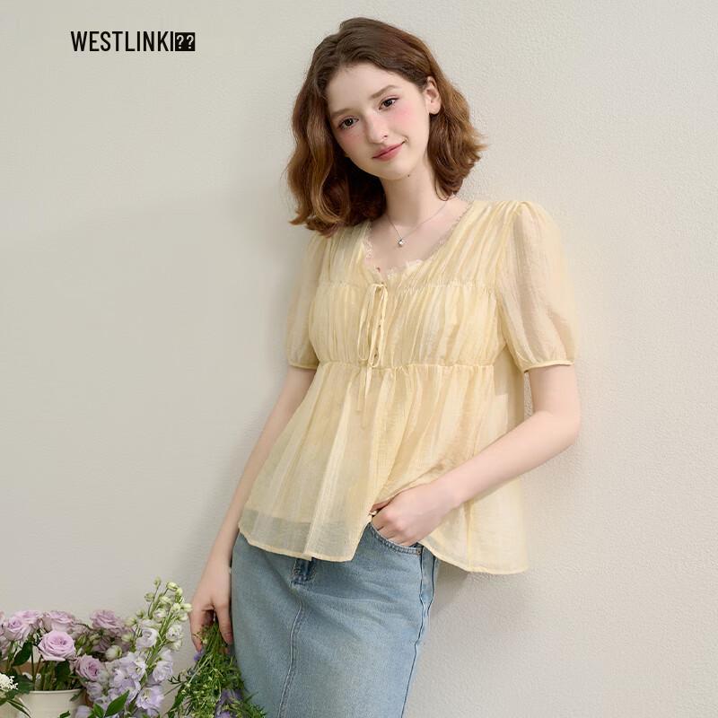 Women s Tencel Ripple Texture V-Neck Blouse S