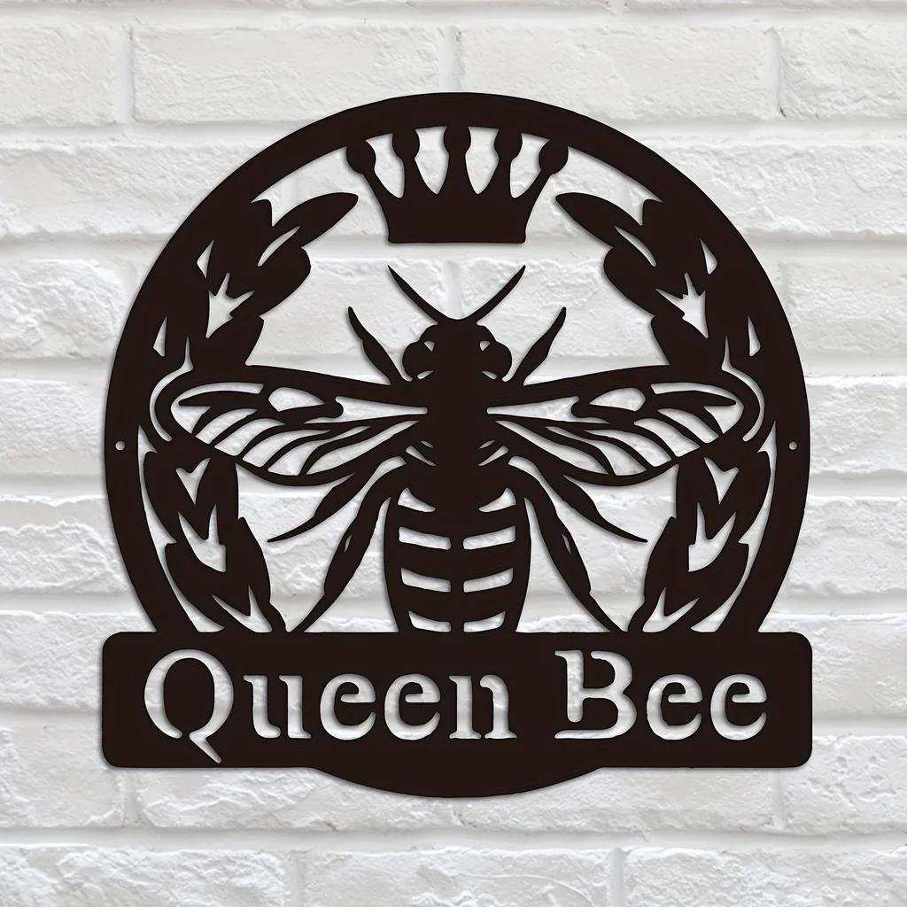 

1 шт. Металлическая табличка с монограммой пчелиной королевы – стильное настенное искусство для патио, сада или подарка на новоселье, элегантное подвесное настенное украшение светло-серый