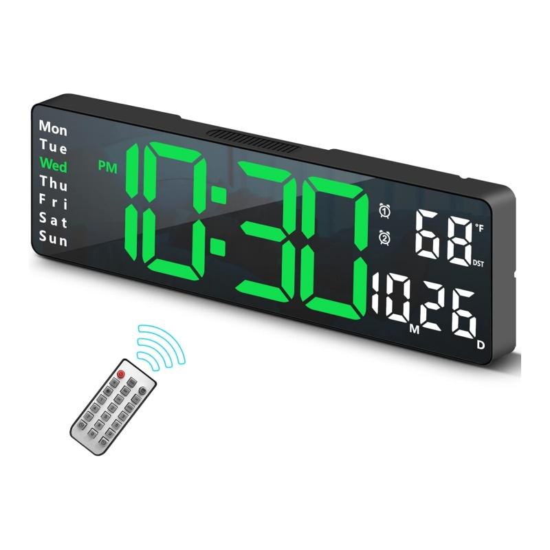 Digital Wall Clock Large Display with Remote Control, Display Digital Clock with Date, Indoor Temp, Brightness Dimmer LED Clock