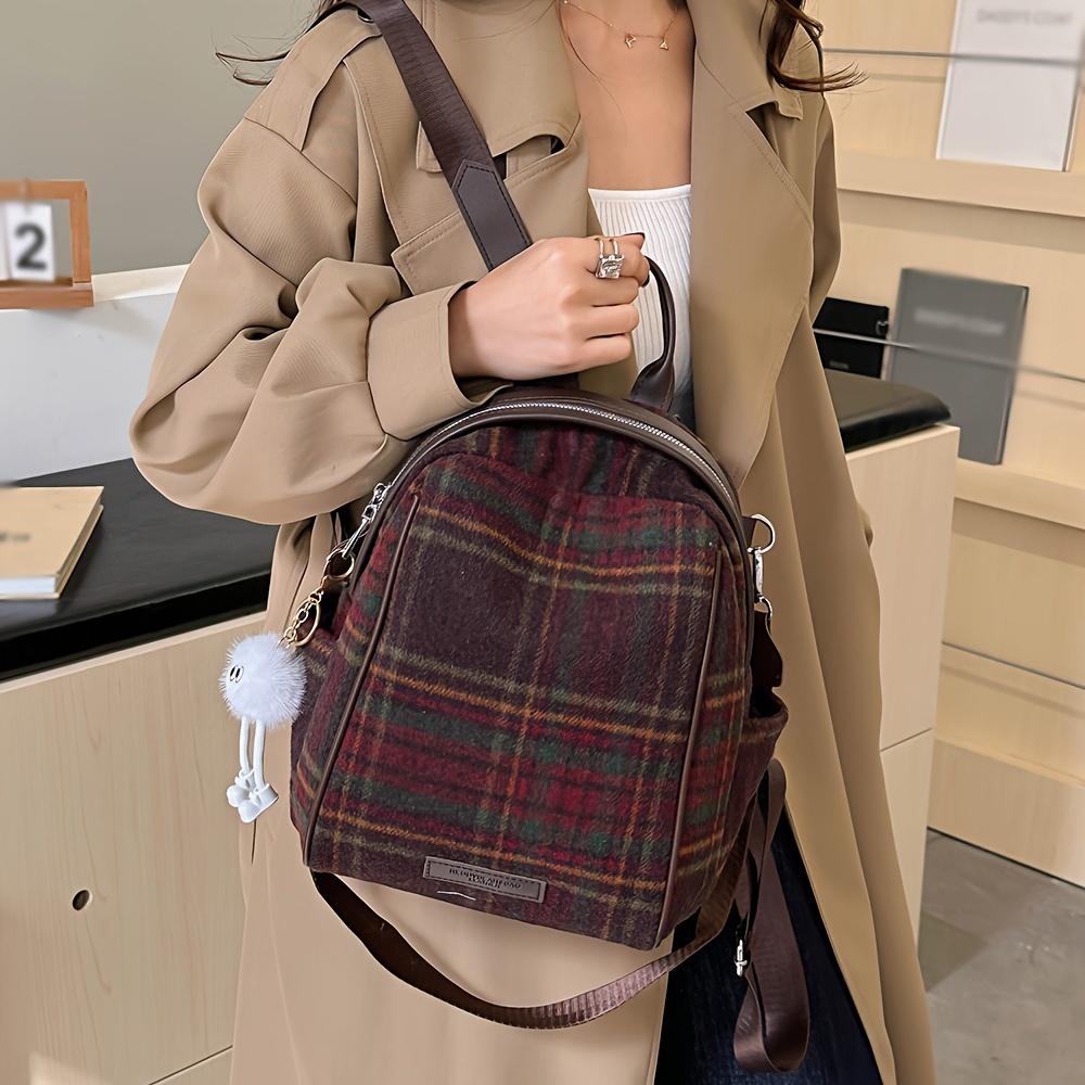 Casual Vintage Plaid Nylon Backpack for Women Large Capacity Zippered Adjustable Shoulder Straps Polyester Lined Carry-Over Daypack