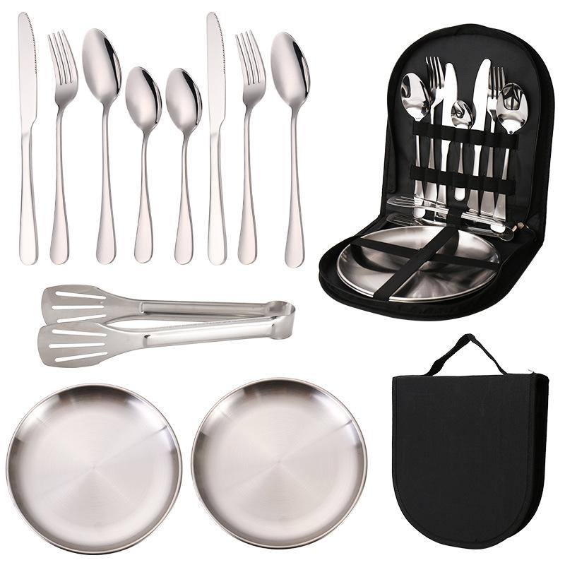 Outdoor stainless steel tableware set, portable travel camping 10-piece set, barbecue plate, food clip, knife, fork, spoon.