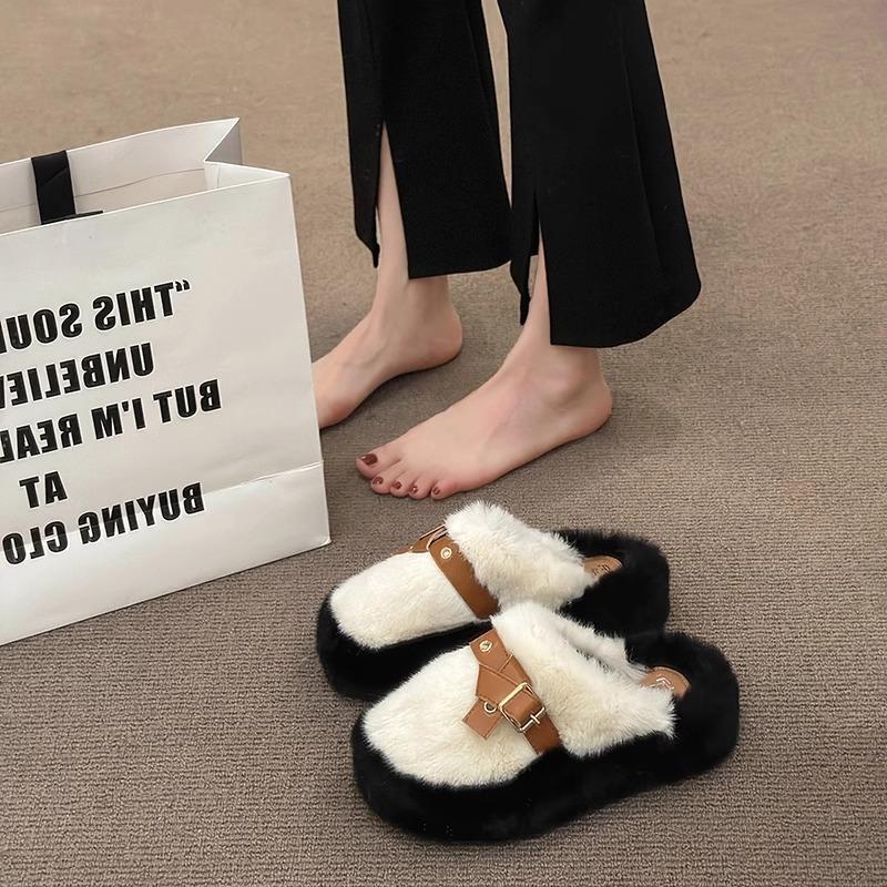 Internet celebrity bag head half slippers women's outer wear 2025 autumn and winter new heightened thick-soled fluffy shoes home warm cotton slippers