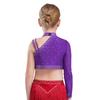 Girls Dance Performance Costume Sparkly Rhinestones Tops Unique Irregular Shoulder Crop Top Feather Detail Briefs Set