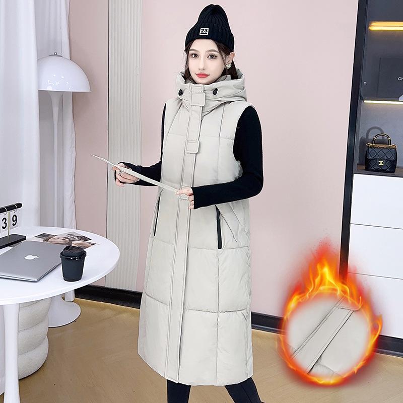 

Large size long knee down cotton vest thickened cotton coat hooded autumn and winter sleeveless thick vest women s clothing L белый