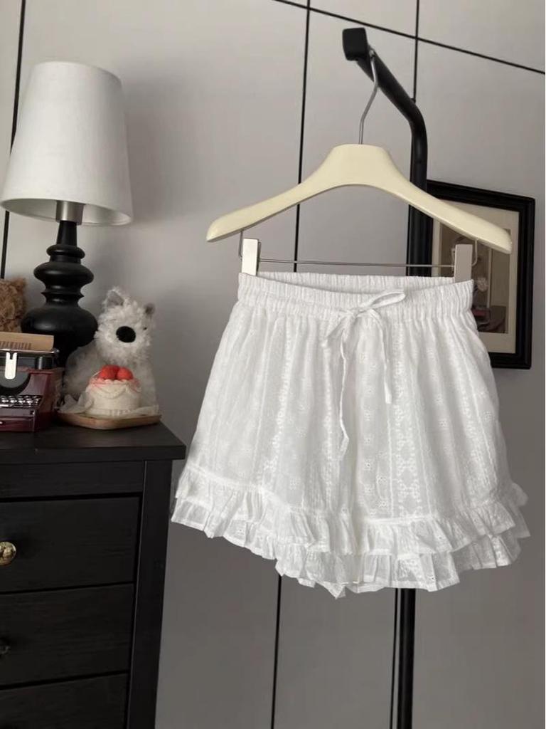 Bestselling Ruffle Lace Embroidery Wide-leg High-Waisted Summer Shorts for Women