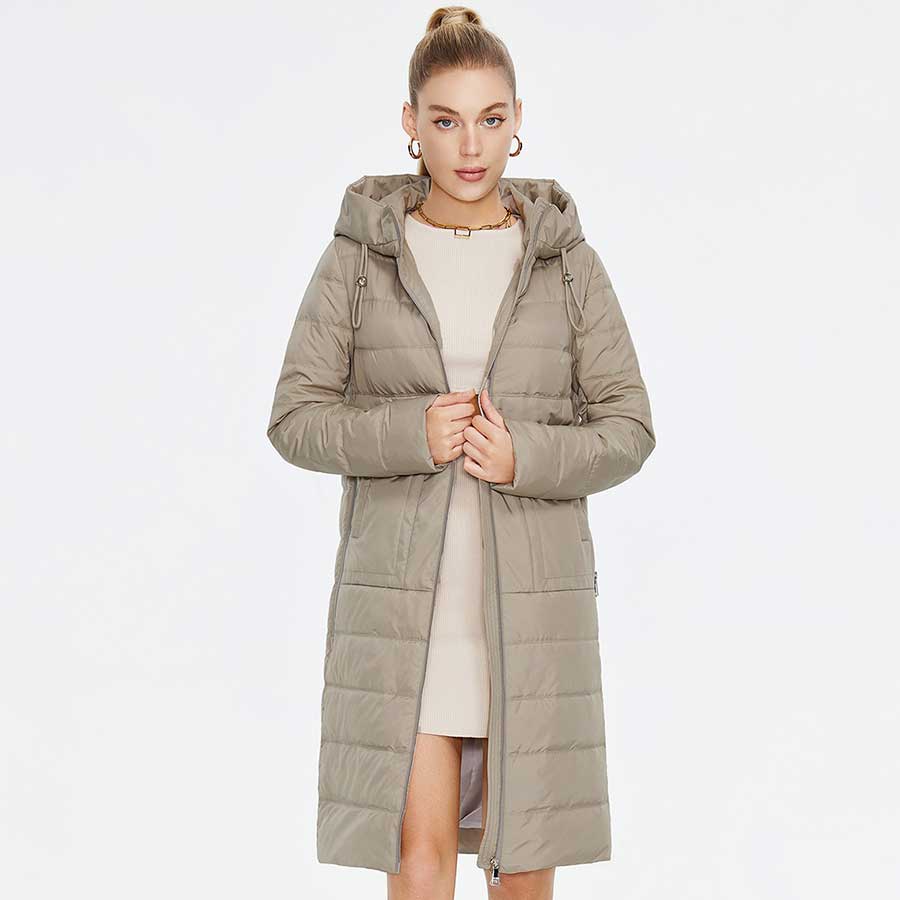 Spring Autumn Women's Long Coat Long Sleeve Quilted Female Solid Color Jacket Windproof Hooded Parka C23609