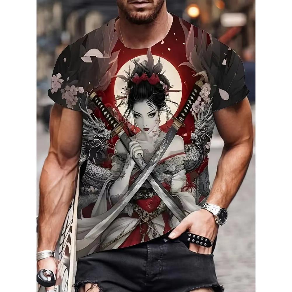 Harajuku Samurai T-shirt för Män 2025 Ny Mode Casual Herr T-shirt Kort Ärm Sommar Anime Japansk 3D Printad Y2k Toppar