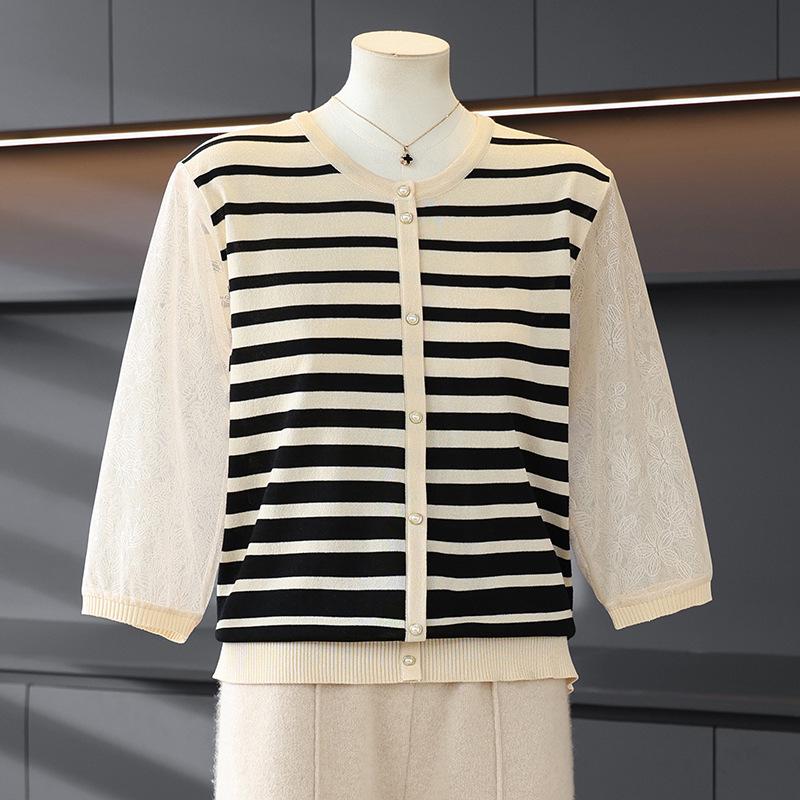 Trendy Spring Striped Knit Top for Moms - New Style for Middle-Aged and Elderly Women, Lightweight Base Layer Shirt