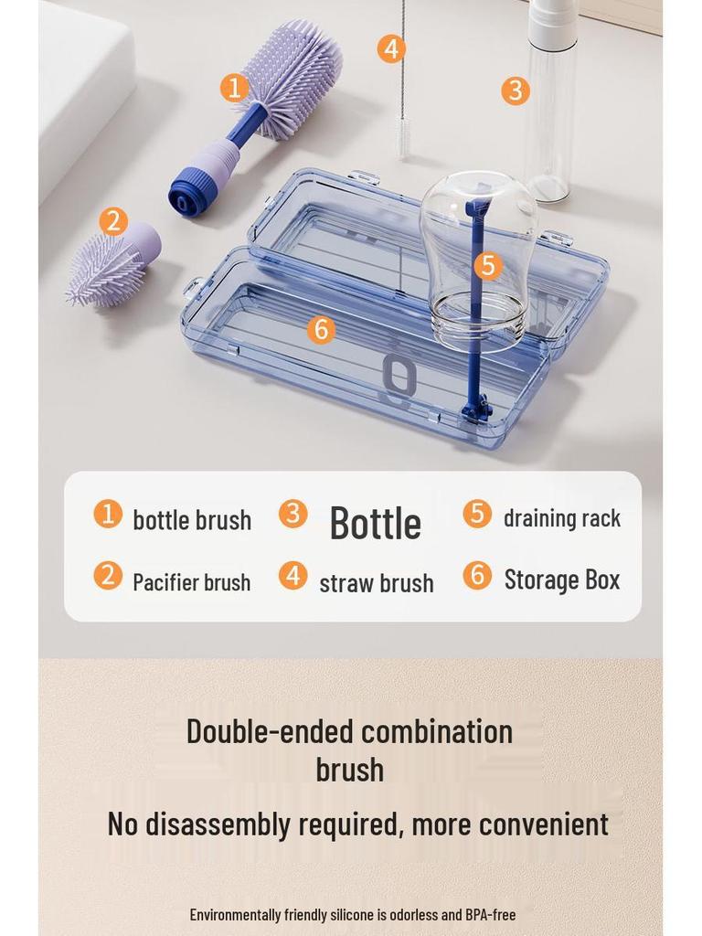 Portable Baby Bottle & Nipple Brush Set with Storage Box and Draining Rack for Travel