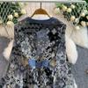 Spring Autumn Women Vintage Print V-neck Denim Patchwork Long Midi Casual Dresses