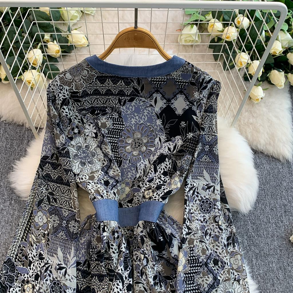 Spring Autumn Women Vintage Print V-neck Denim Patchwork Long Midi Casual Dresses