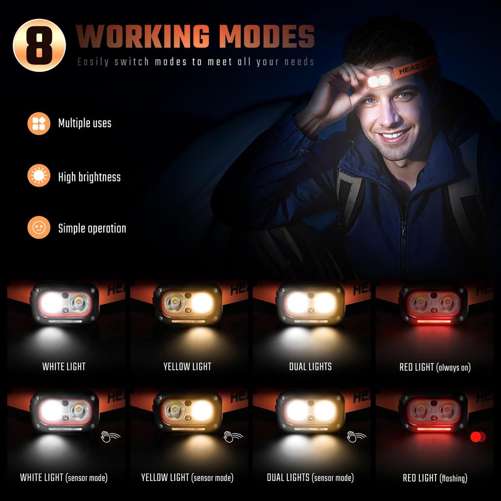 DARKBEAM LED High USB Dual Light Motion Red Warning for Camping and Car Headlights, Brightness, Rechargeable, Sources, Sensor, Light, Waterproof,